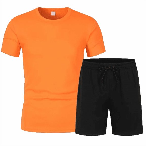 Men’s Casual Sportswear Set – Short Sleeve T-Shirt & Drawstring Shorts, Orange, Small