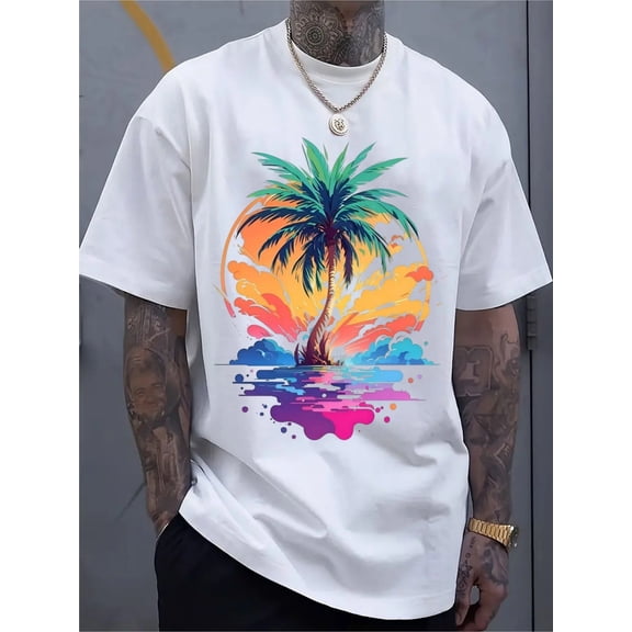 Men’s Casual Sportswear Short-Sleeve Stretchy Comfortable 2D Printed Pattern T-Shirt, Regular Fit Crew Neck Knitted Fabric for Sports Travel Casual Attire, Fashionable Printed Top