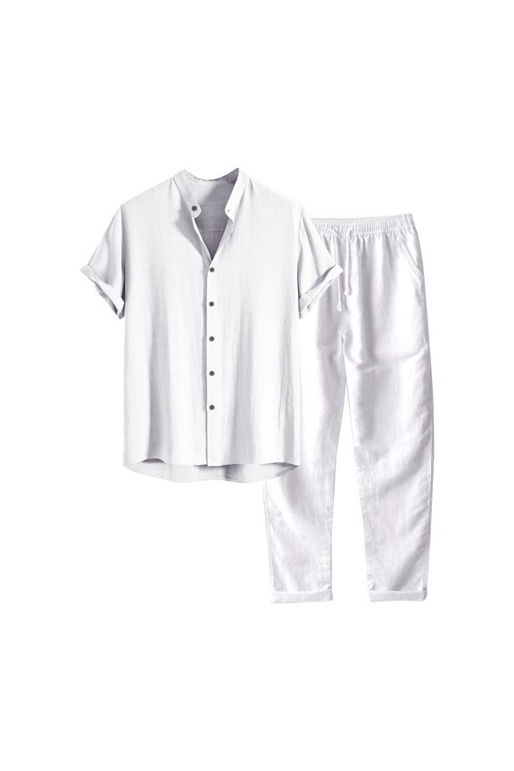 Men's Casual Spring Summer 2 Piece Outfit – Solid Color Short Sleeve Shirt and Long Pant Set – Lightweight Cotton Blend Suit for Daily Wear – Sizes S-XXXL