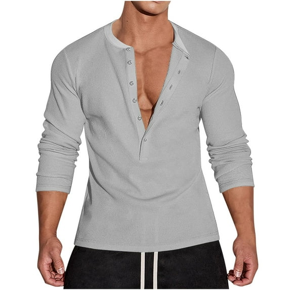Men's Casual Spring Tops Waffle Henley Shirts Long Sleeve T-Shirt Stylish 5 Button Placket Slim Fit Gym Tee Shirts