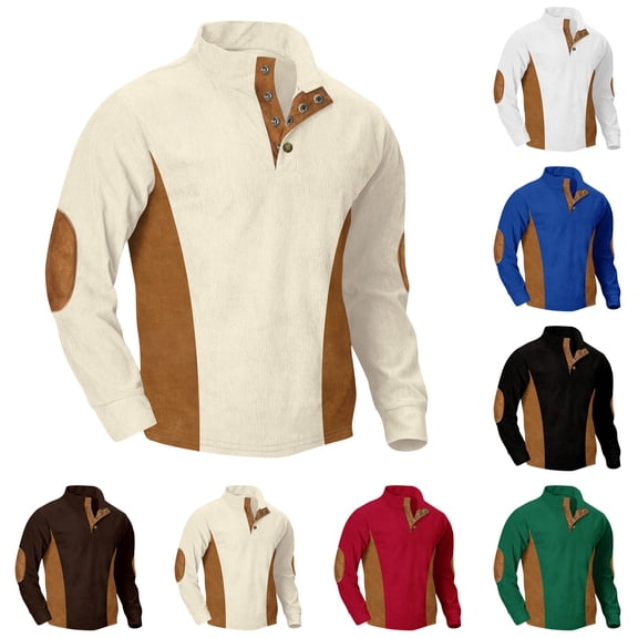 Men's Casual Stand Collar Corduroy Sweatshirt with Stripe Detail, Long Sleeve Button Front Top, Fall Winter Streetwear for Christmas, Smart Casual and Outings,Khaki,3XL