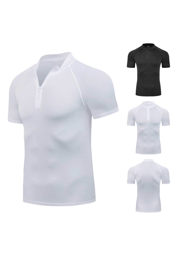 Men's Casual Stand Collar Half Zip Short Sleeve T-Shirt Top Elastic Breathable Workout Fitness Training Gym Activewear Sportswear | AESTIVO,White XL