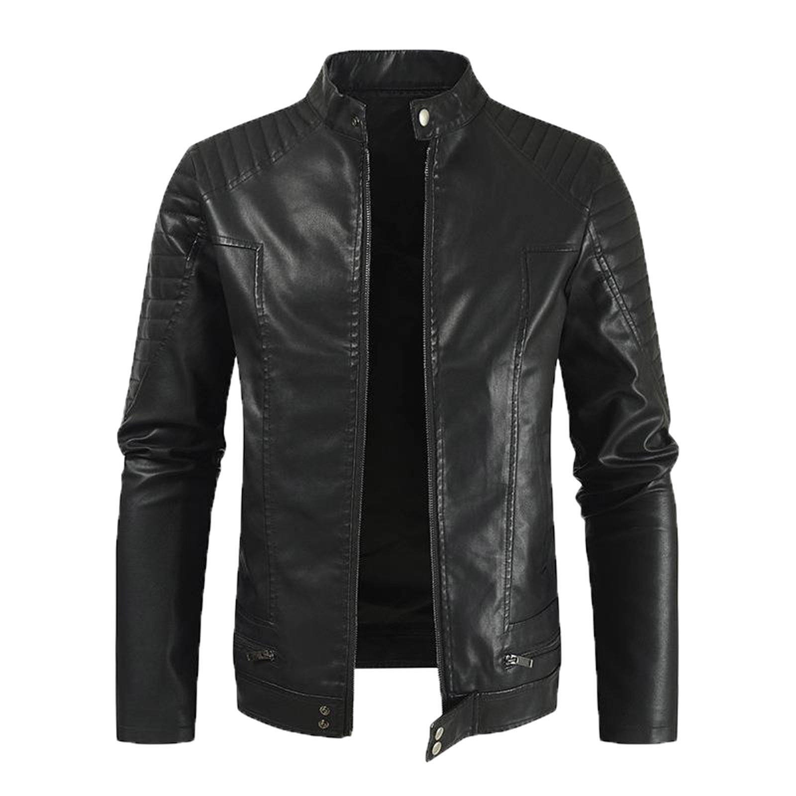 Men’s Casual Stand Collar PU Faux Leather Jackets Zip Up Slim Fit  Motorcycle Biker Bomber Jacket Winter Warm Coat