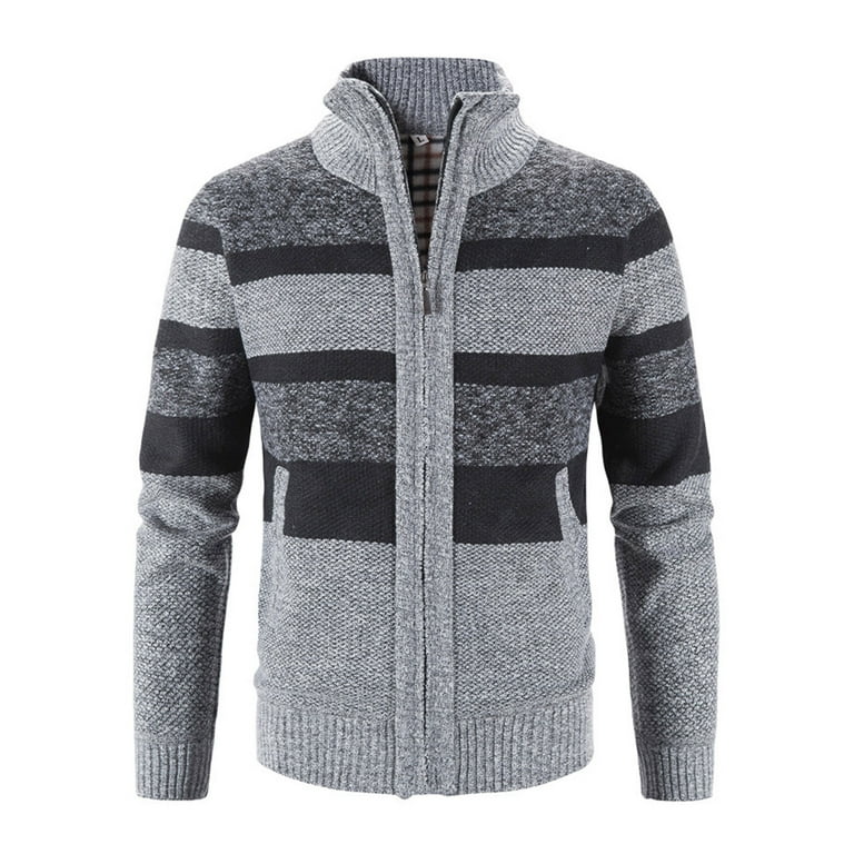 Men s Casual Stand Collar Stitching Color Zipper Long Sleeve Pocket Warm Cardigan Loose Knit Jacket Coat for Work Home