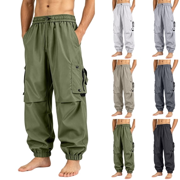Men's Casual Straight Cargo Pants, Trousers, Joggers, Elastic Waist Drawstring Stretchy Lightweight Breathable Quick Dry, Multi-Pocket Relaxed Fit, Daily Gym Hiking Streetwear