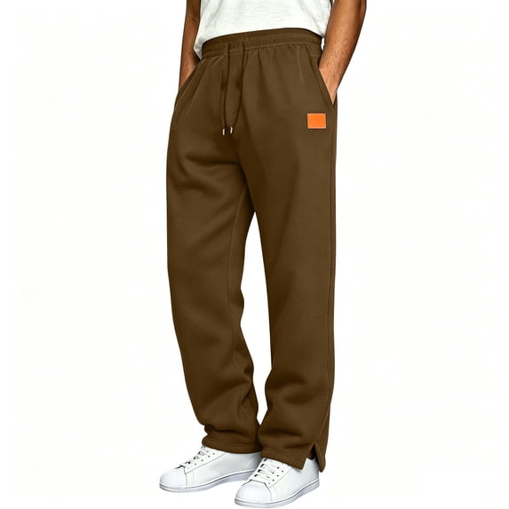 Men's Casual Straight-Leg Sweatpants Elastic High Waist Drawstring Casual Trousers with Side Slits Stylish Trendy Solid-Color Trousers Featuring a Leather Patch Brown 3XL