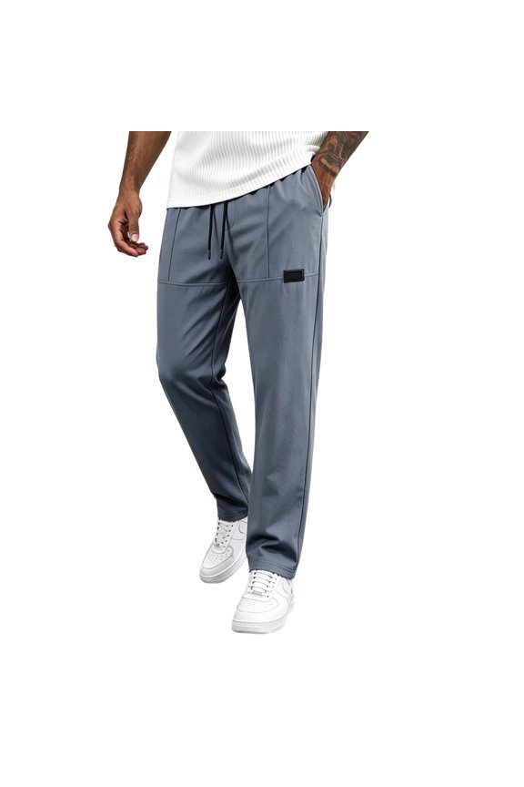 Men's Casual Straight Leg Trousers - Breathable Relaxed Fit Pants with Design Patch