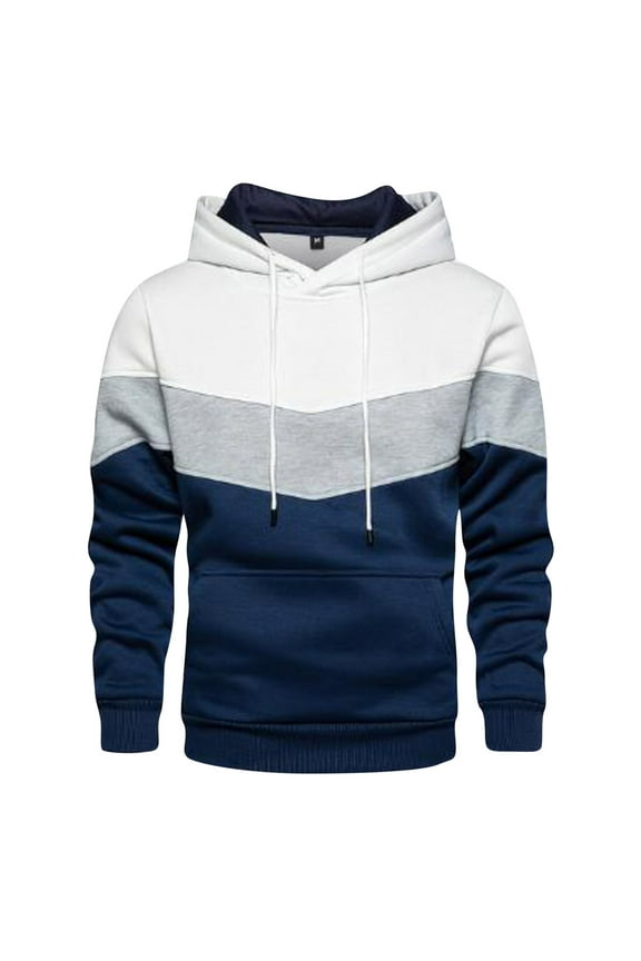 Men's Casual Streetwear Hoodie Autumn Winter Loose Fit Patchwork Color Pullover Sweatshirt for Sports and Outdoor Activities