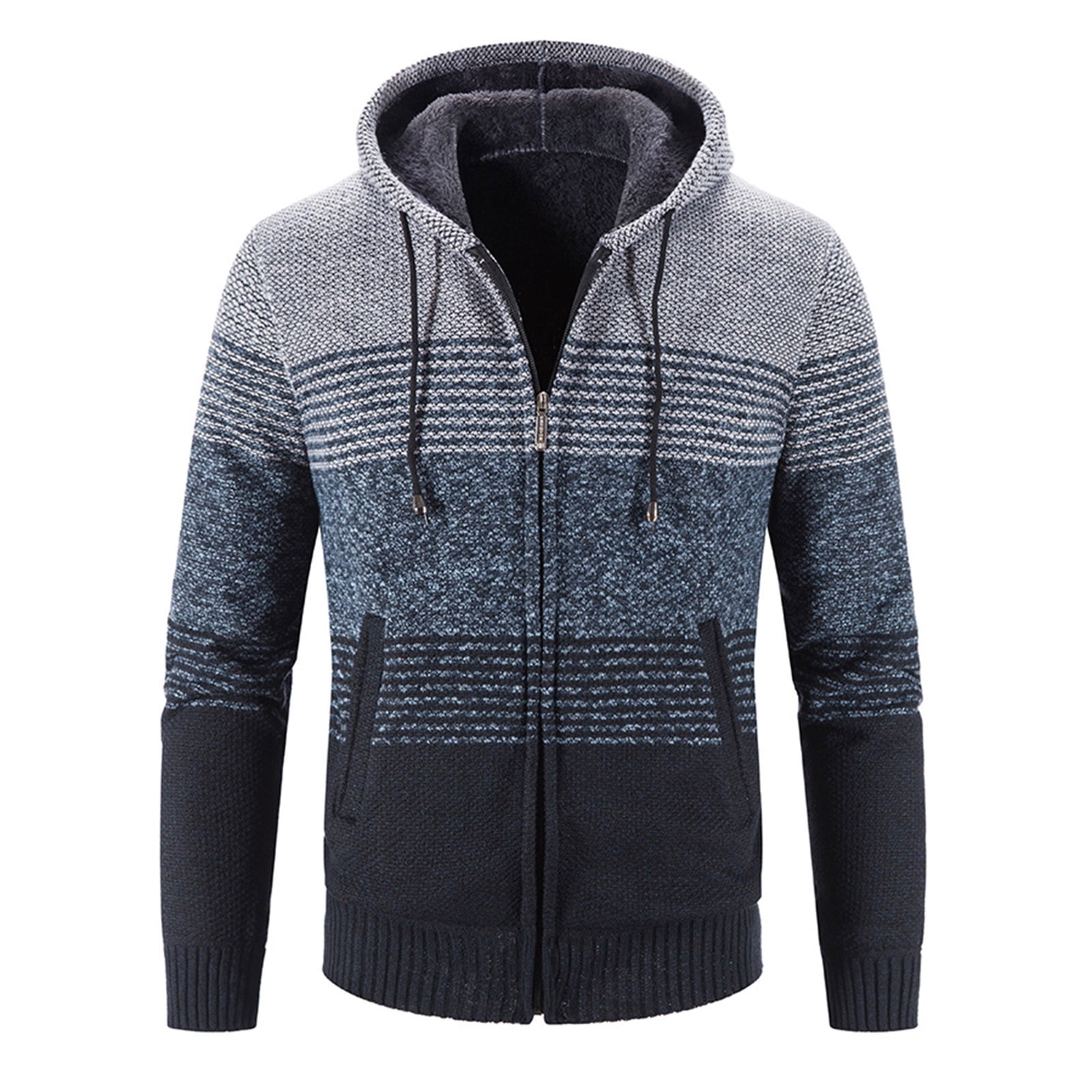 Men s Casual Stripe Print Hooded Zipper Long Sleeve Pocket Warm