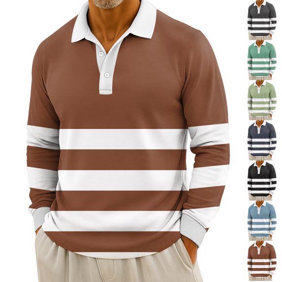 Men's Casual Striped Print Button Up Long Sleeve Polo Shirt, Daily Henley Collar Sport Top for Errands, Lounge and Relaxed Style,Black,L