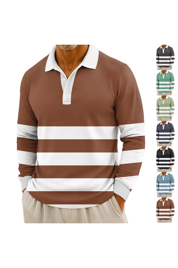 Men's Casual Striped Print Button Up Long Sleeve Polo Shirt, Daily Henley Collar Sport Top for Errands, Lounge and Relaxed Style,Black,L