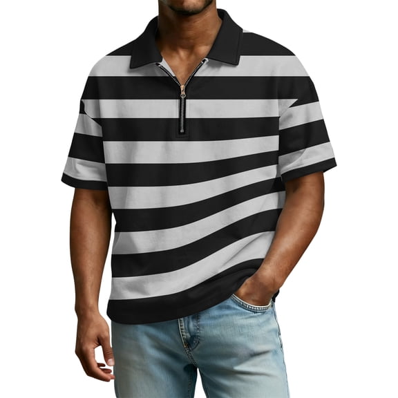 Men's Casual Striped Print Collared Zipper Neck Short Sleeve Top, Stylish Sporty Top for Daily Wear and Outings,Gray,S