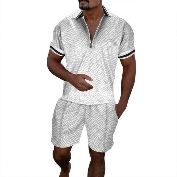 Men's Casual Striped Print Shirt Two Piece Suit with Zipper Short Sleeve Top and Drawstring Pocket Short Set Comfortable Stylish Outfit Men's Tops T-Shirt Casual Crew Neck Loose