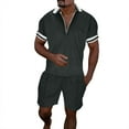 thumbnail image 1 of Men's Casual Striped Print Shirt Two Piece Suit with Zipper Short Sleeve Top and Drawstring Pocket Short Set Comfortable Stylish Outfit Men's Tops T-Shirt Casual Crew Neck Loose, 1 of 5