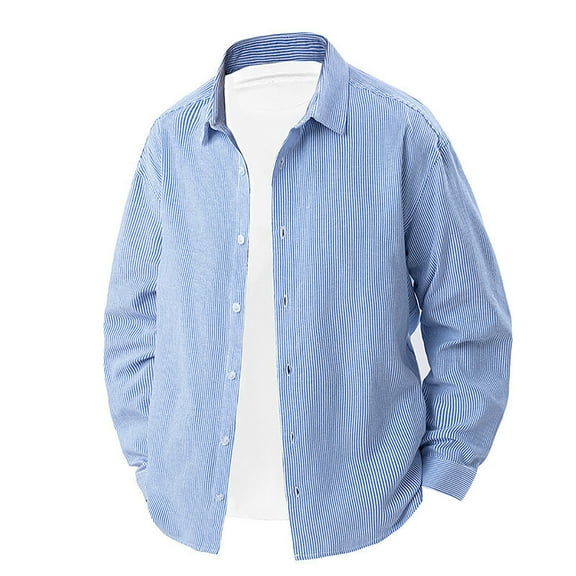 Men's Casual Striped Shirts Button Down Lapel Neck Long Sleeve Cardigan Loose Summer Beach Overshirt