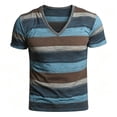 thumbnail image 1 of Men's Casual Striped T-Shirts Short Sleeve V Neck T Shirts Casual Stylish Fitted Stretch Tees for Men Blue L, 1 of 3