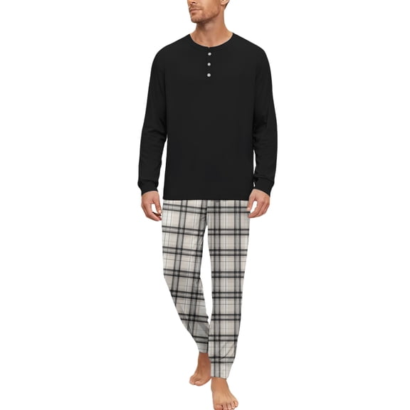 Men's Casual Style Pajama Set Long Sleeve and Long Pants Two-Piece Outfit with Henry Collar Solid Top and Plaid Pants,Khaki,L