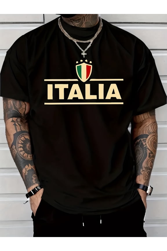 Men's Casual Style Short Sleeve T-Shirt, Italian Letter Print 100% Polyester, Regular Fit Round Neck, Comfortable Stretch Summer Fashion Tee, Casual Attire Apparel, Perfect Gift