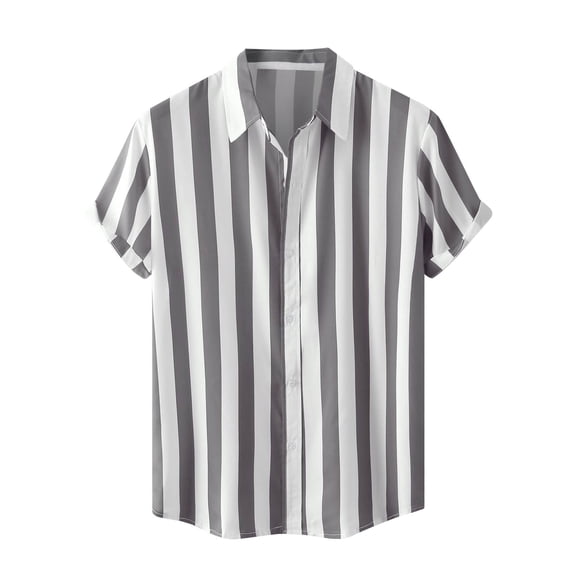 Men's Casual Stylish Button-Up Striped Dress Shirts Cotton Linen Tees Short Sleeve Hawaiian Going Out Camp Tops (3X-Large, Gray)