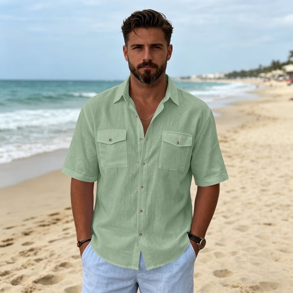 Men's Casual Stylish Short Sleeve Button-Up Dress Shirt Linen Beach Shirts Mint Green M