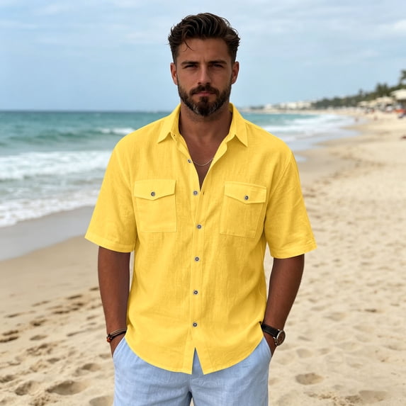 Men's Casual Stylish Short Sleeve Button-Up Dress Shirt Linen Beach Shirts Yellow 2XL