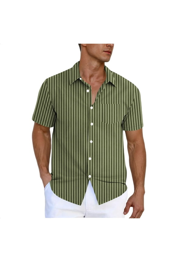 Men's Casual Stylish Short Sleeve Button-Up Striped Dress Shirts Stretch Beach Shirt Formal Business Work Shirt Top