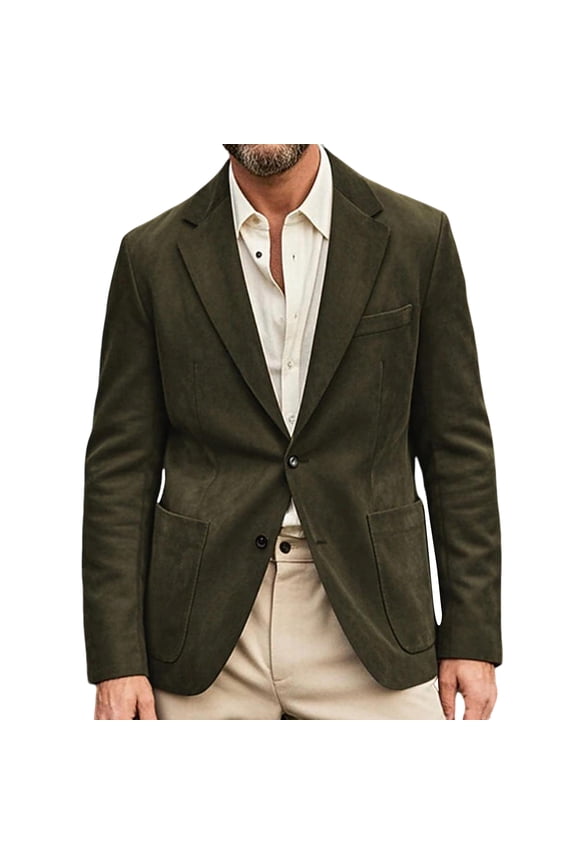 Men's Casual Suede Blazer, Slim-Fit Single-Breasted Winter Jacket, Dark Green, M