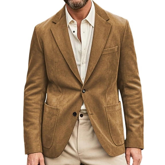 Men's Casual Suede Blazer, Slim-Fit Single-Breasted Winter Jacket, Khaki, XXL