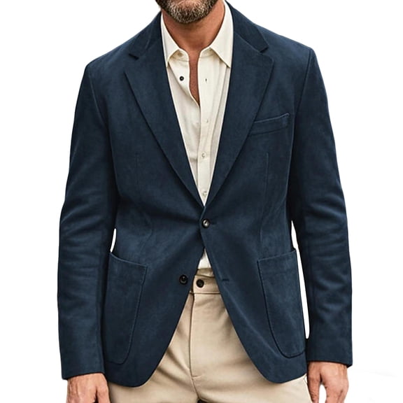 Men's Casual Suede Blazer, Slim-Fit Single-Breasted Winter Jacket, Navy Blue, S