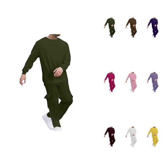 Men's Casual Suit Set, Solid Color 2-Piece Tracksuit with Sweatshirt & Cargo Sweatpants, Comfortable Outfit for Daily Wear Spring Autumn Winter Outdoor Leisure