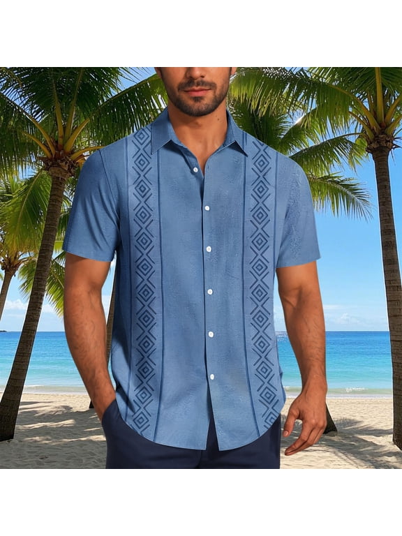 Men's Casual Summer Beach Wrinkle Free Shirts Short Sleeve Button Down Lightweight Untucked Textured Shirt Navy XL