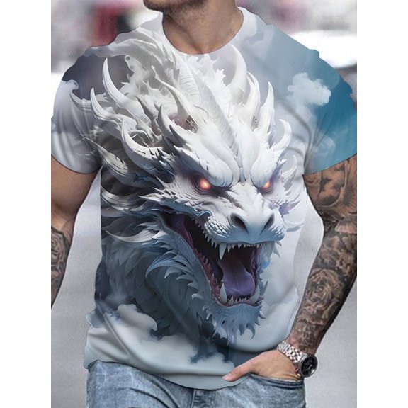 Men's Casual Summer Dragon Pattern T-Shirt, Round Neck, Short Sleeve, Breathable Polyester Fabric, Machine Washable