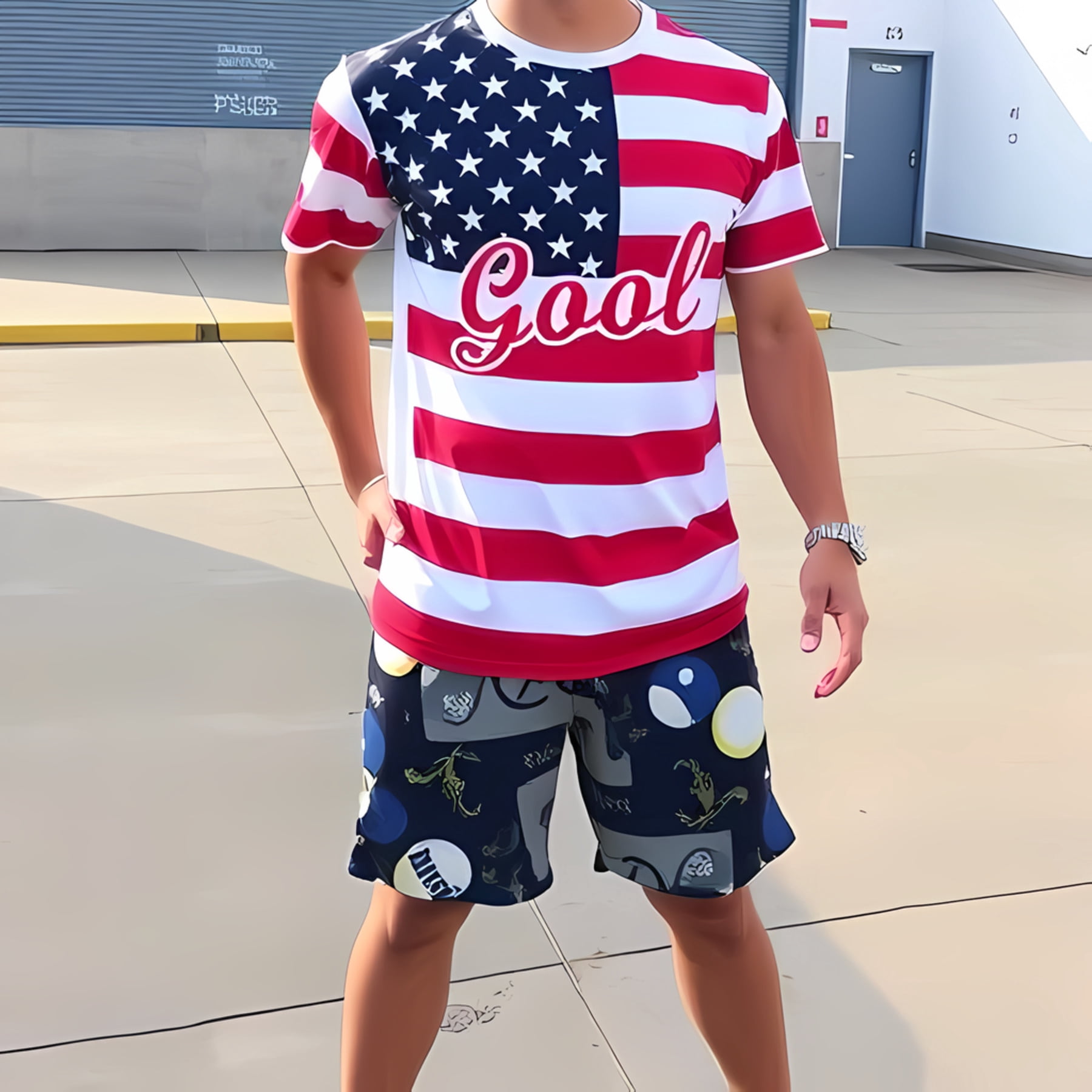 Men's Casual Summer Outfit Set: Graphic T-Shirt with 'Gool' & Abstract Print Shorts