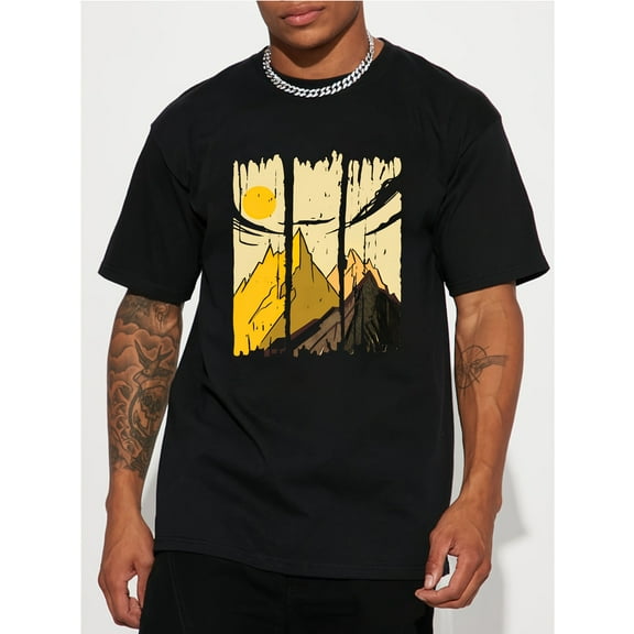 Men's Casual Summer T-Shirt - Short Sleeve, Round Neck, 100% Cotton, Black with Scenic Mountain Landscape Print, Machine Washable
