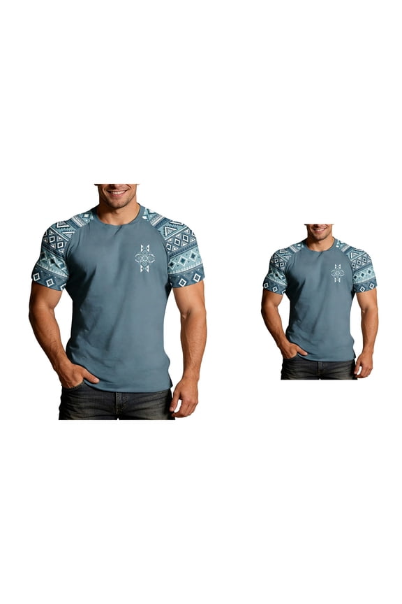 Men's Casual Summer Western Aztec Print Short Sleeve Tee, Lightweight Comfortable Raglan Top with Classic Cowboy Design