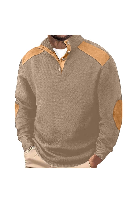 Men's Casual Sweatshirt Long Sleeve Stand Collar Pullover Button Down Spring Sweater with Elbow Patches