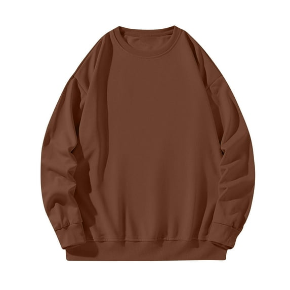 Men's Casual Sweatshirt Solid Color Long Sleeves Round Neck Sweatshirts Comfortable Outdoor Pullover Tops Brown M