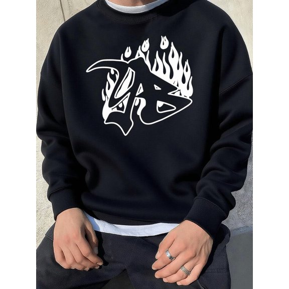 Men's Casual Sweatshirt With Abstract Graphic And Flames Print,Stylish Crewneck Pullover Top,Perfect For Everyday Wear.