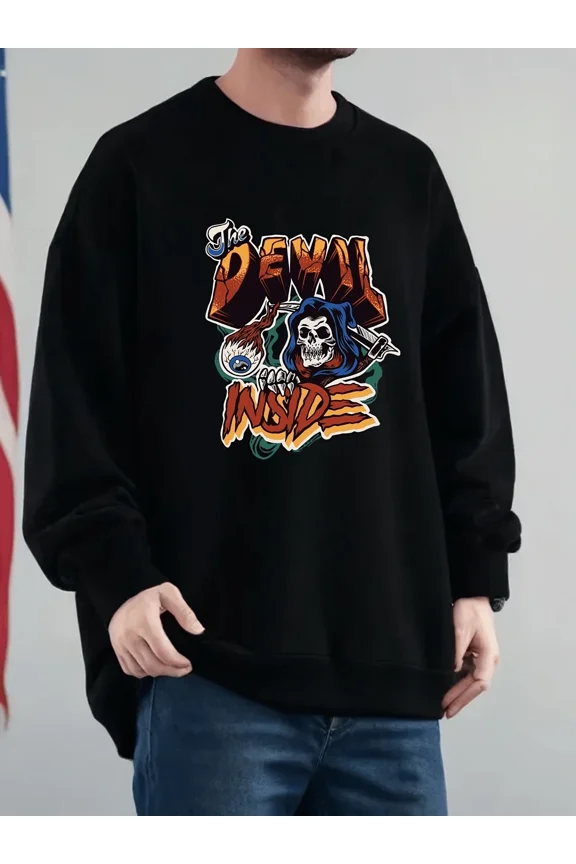 Men's Casual Sweatshirt With The Devil Inside Graphic,Cool Skull And Eyeball Design,Loose Fit Pullover Jumper Top