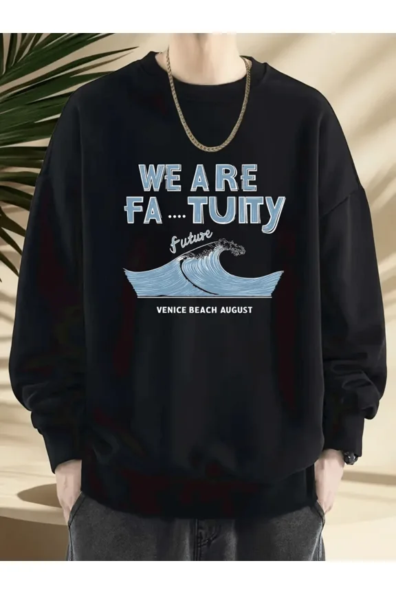 Men's Casual Sweatshirt With Venice Beach August And Wave Graphic,Stylish Crew Neck Pullover For Everyday Wear