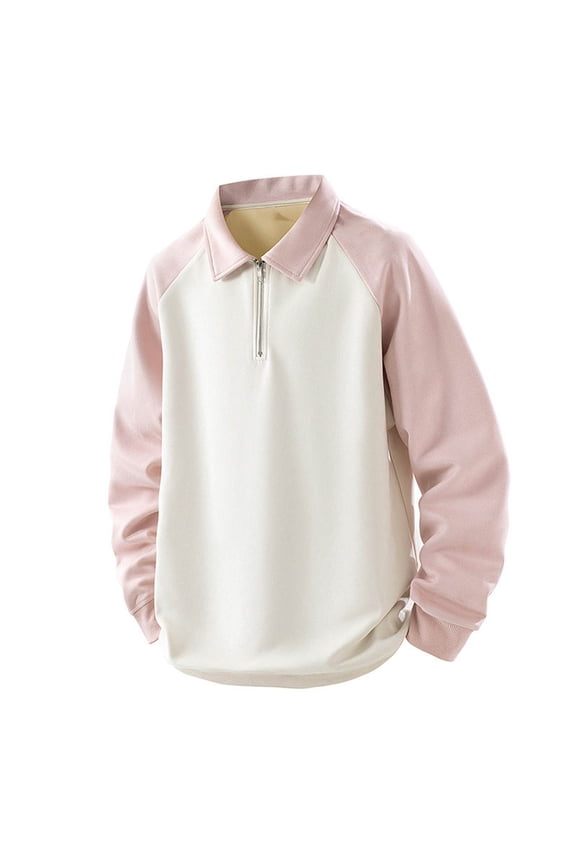 Men's Casual Sweatshirts Lapel Collar 1/4 Zip Pullover Colorblock Trendy Tops Raglan Long Sleeve Fall Winter Clothes (XL, Pink)