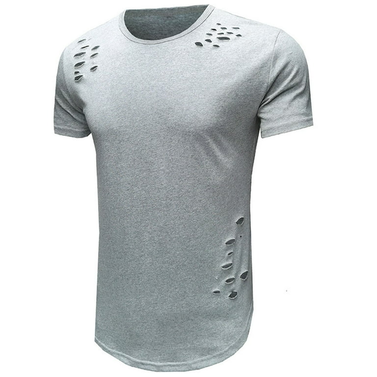 Men s Casual T Shirt Short Sleeve Distressed Tops Round Neck