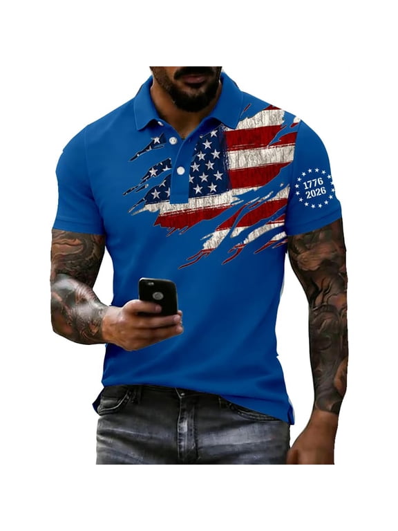 Men's Casual T-Shirt Usa 250th Anniversary Print Polo Shirt American Flag Patriotic Eagle Shirt Blue M