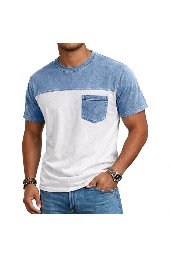 Men's Casual T Shirts Short Sleeve Crew Neck Color Block Graphic Tees Shirt Summer Tops with Pocket