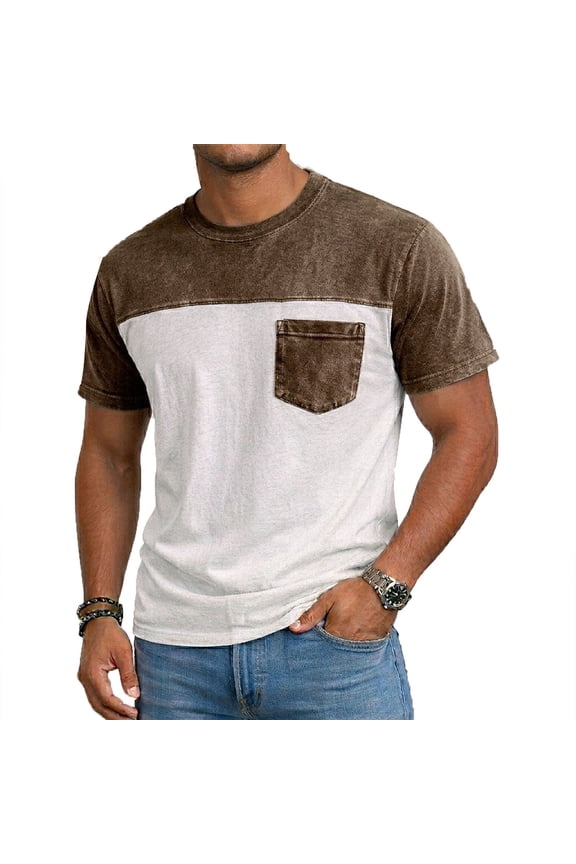 Men's Casual T Shirts Short Sleeve Crew Neck Color Block Graphic Tees Shirt Summer Tops with Pocket