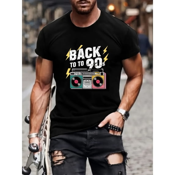Men's Casual T-shirt with 90s Cassette Tape Print - Round Neck Polyester T-shirt, Slightly Stretchy, Geometric Pattern, Summer Knit Fabric, Suitable for Adults