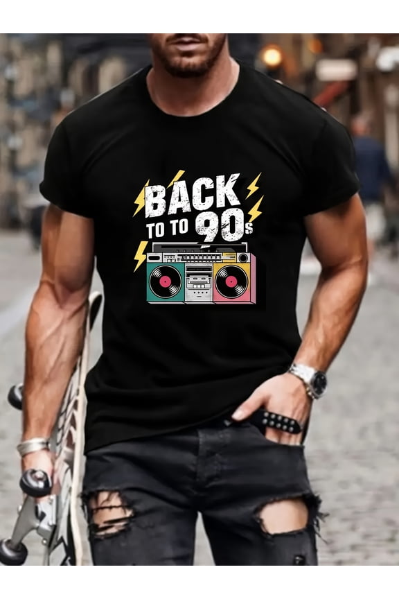 Men's Casual T-shirt with 90s Cassette Tape Print - Round Neck Polyester T-shirt, Slightly Stretchy, Geometric Pattern, Summer Knit Fabric, Suitable for Adults