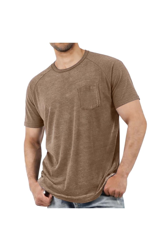 Men's Casual T-shirts Comfy Cotton Crew Neck Tees Wicking Moisture Workout Running Tops with Chest Pocket (L, Coffee)