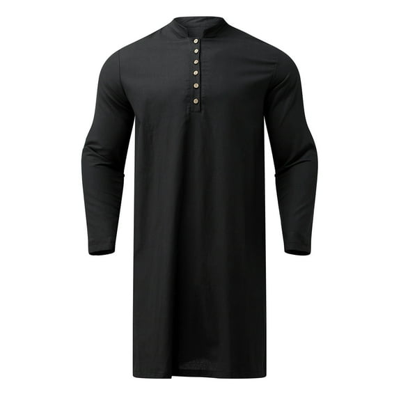 Men's Casual Thobe Robe Long Sleeve Loose Fit Jubba Button Down Solid Top Comfortable Traditional Wear Mens Casual Crew Neck Basic Tees