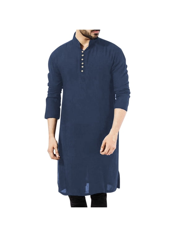 Men's Casual Thobe Robe Long Sleeve Loose Fit Jubba Solid Stand Collar Button Shirt Comfortable Breathable Fabric Men's Lightweight Crewneck Tee Tops